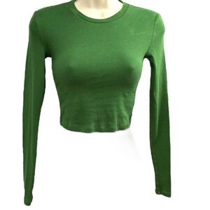 Aritzia TNA Green Ribbed Cropped Fitted Long‎ Sleeve Crew Neck Cotton Top EUC XS